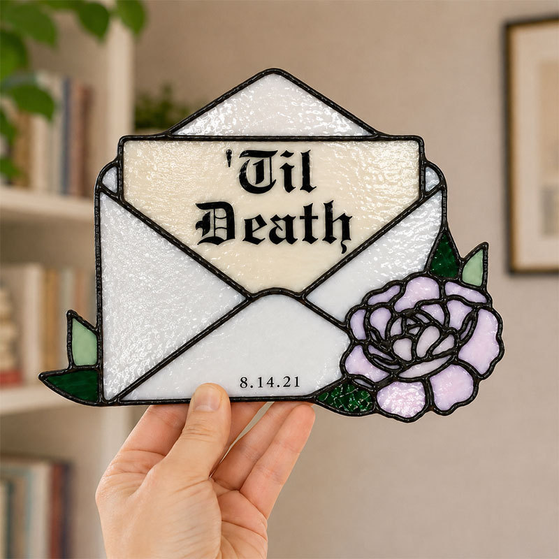 Personalized Til Death Stained Glass Envelope Plaque – Custom Text & Date Gothic Love Decor