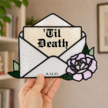 Personalized Til Death Stained Glass Envelope Plaque – Custom Text & Date Gothic Love Decor