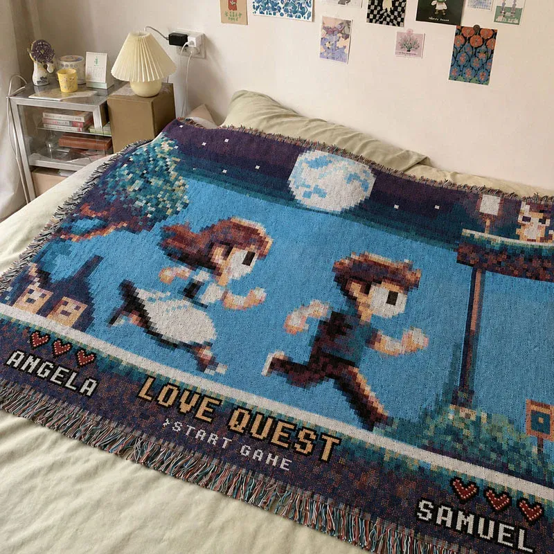 Personalized Love Quest Woven Blanket – Custom Pixel Couple Adventure Throw