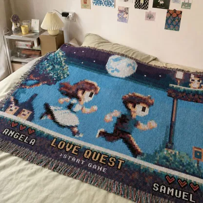 Personalized Love Quest Woven Blanket – Custom Pixel Couple Adventure Throw