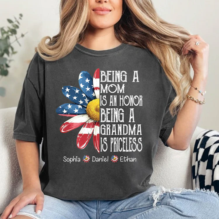 Personalized Grandma T-Shirt, Being a Mom Is an Honor Grandma Is Priceless Patriotic Flower Tee