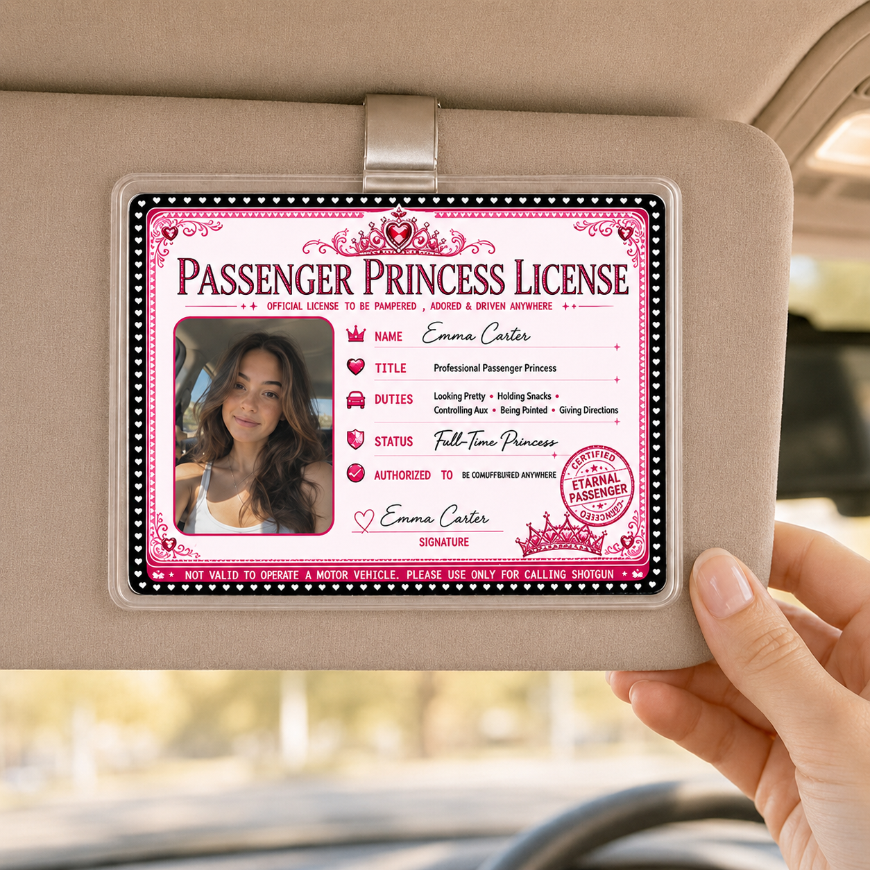 Personalized Passenger Princess License Sun Visor Clip – Custom Photo Car Accessory Gift for Girlfriend or Wife