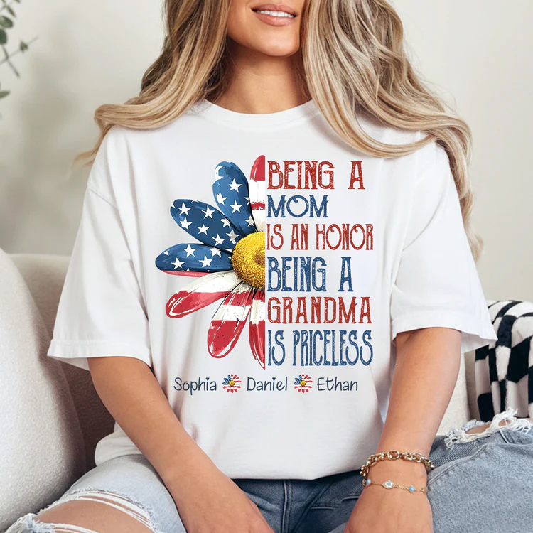 Personalized Grandma T-Shirt, Being a Mom Is an Honor Grandma Is Priceless Patriotic Flower Tee