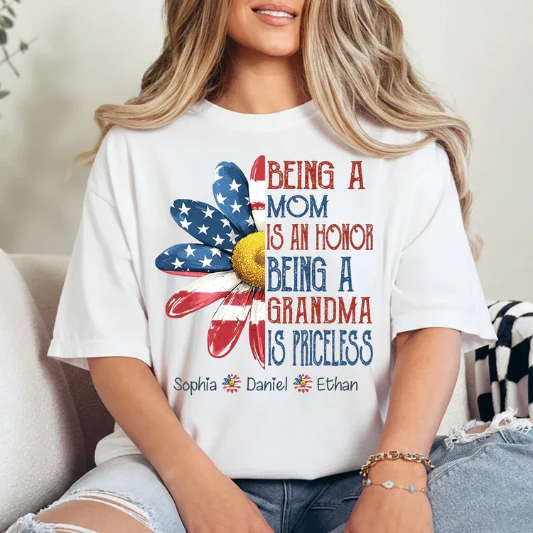 Personalized Grandma T-Shirt, Being a Mom Is an Honor Grandma Is Priceless Patriotic Flower Tee