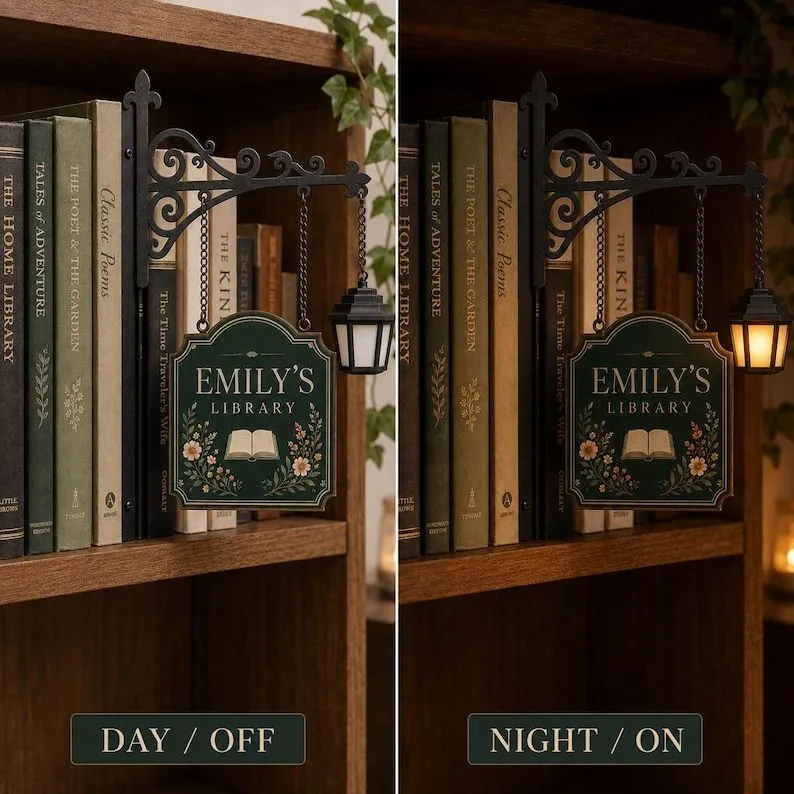 Custom Bookshelf Sign with LED Lamp, Personalized Library Decor, Book Nook Decor, Book Lover Gift