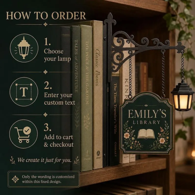 Custom Bookshelf Sign with LED Lamp, Personalized Library Decor, Book Nook Decor, Book Lover Gift