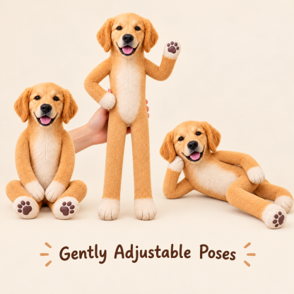 The same custom pet plush doll in seated, waving and reclining poses