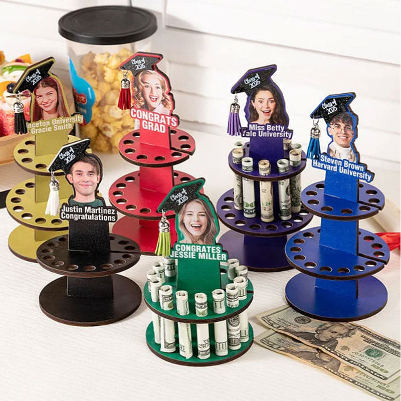 Personalized Graduation Cap Photo Wooden Cake Money Holder with Text