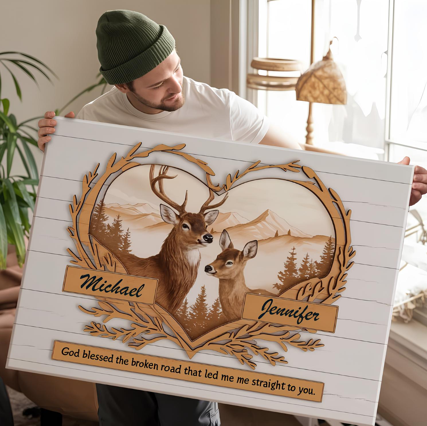 Personalized Couple Deer Love Mountains Canvas