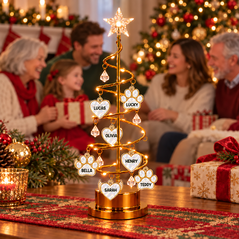 Personalised family and pet name Christmas tree light displayed at a festive family gathering.