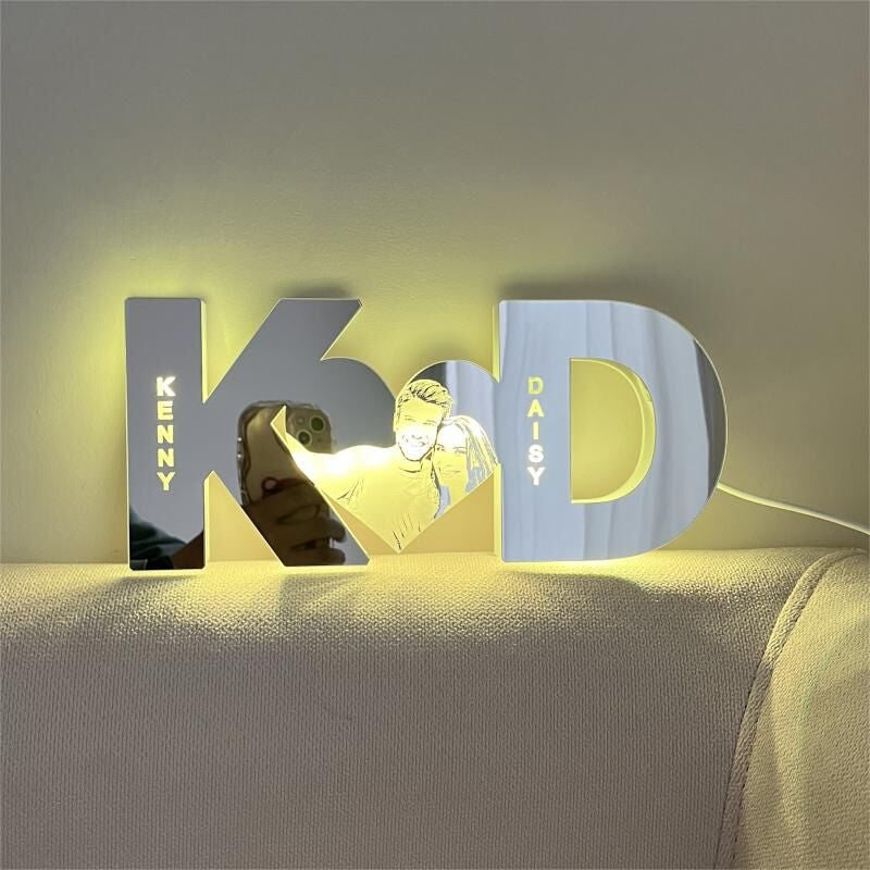 Personalized Led Mirror Light Customized Couple Initials And Photo Romantic Gift For Valentine's Day