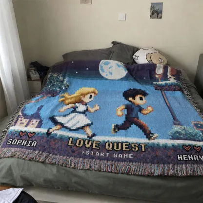 Personalized Love Quest Woven Blanket – Custom Pixel Couple Adventure Throw