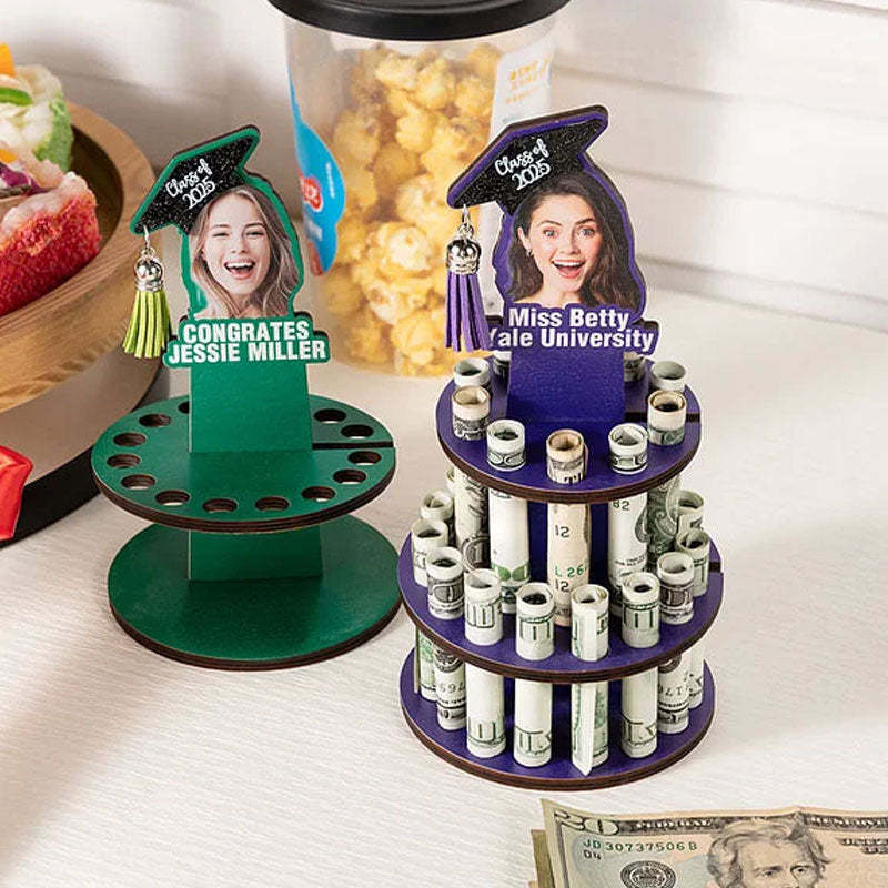Personalized Graduation Cap Photo Wooden Cake Money Holder with Text