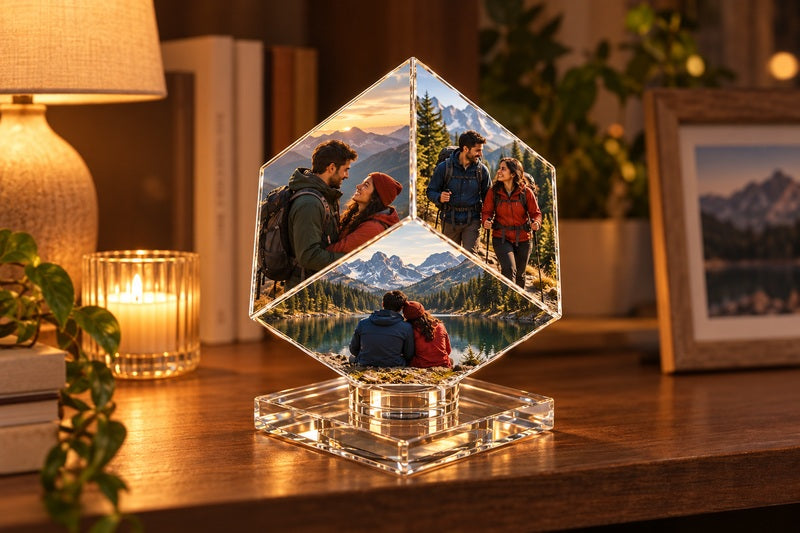 Acrylic keepsake displayed on a bookshelf