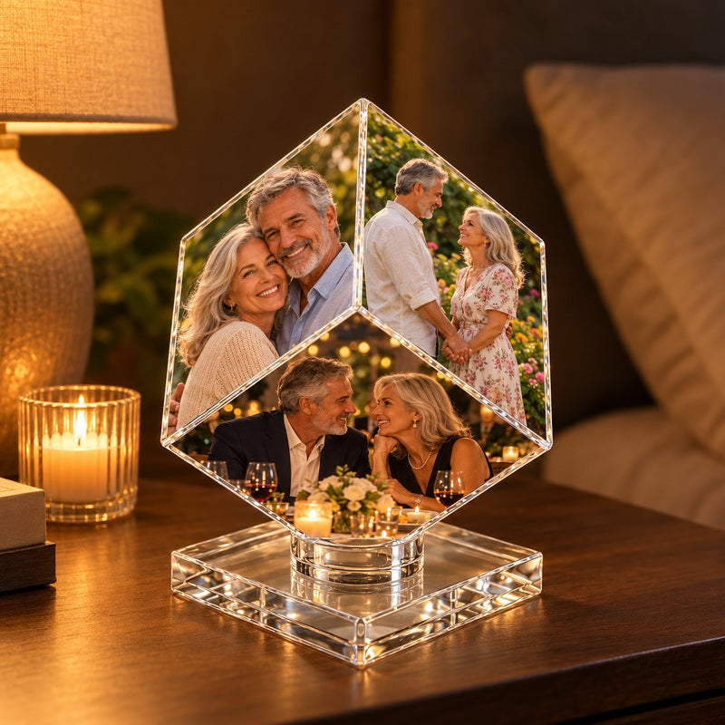 Acrylic photo keepsake on a nightstand