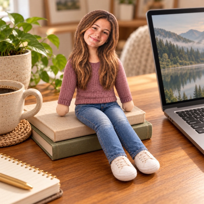 Photo doll seated on a stack of books beside a laptop