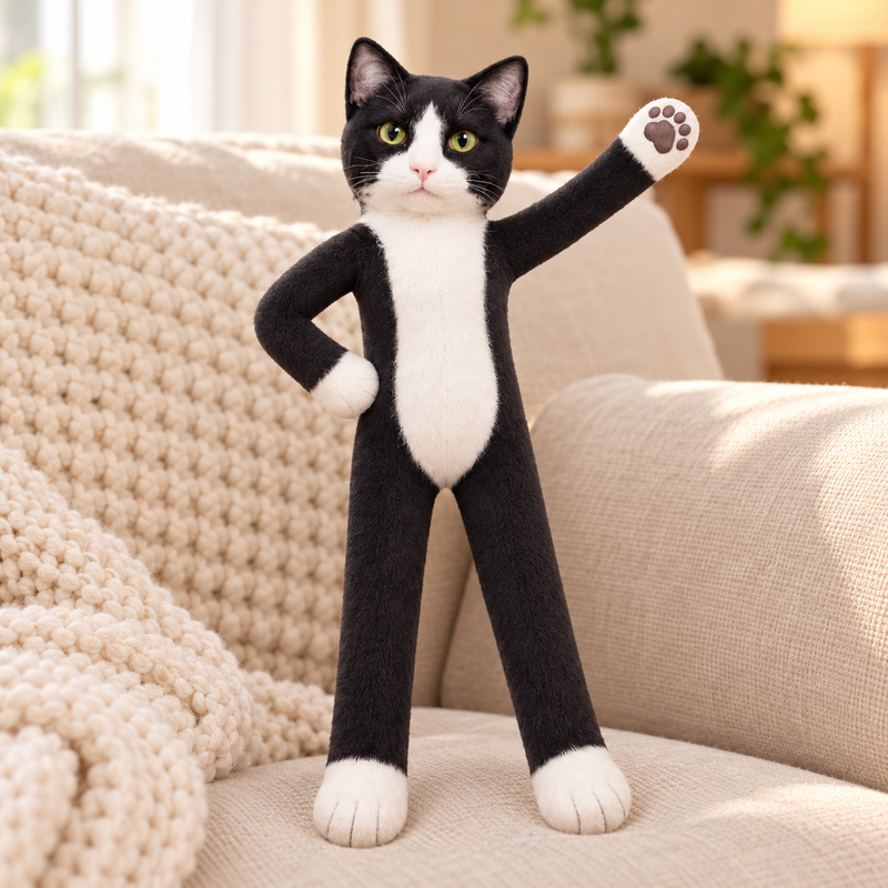 Custom tuxedo cat doll with matching face and full-body markings