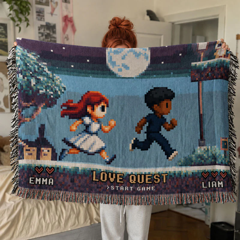 Personalized Love Quest Woven Blanket – Custom Pixel Couple Adventure Throw