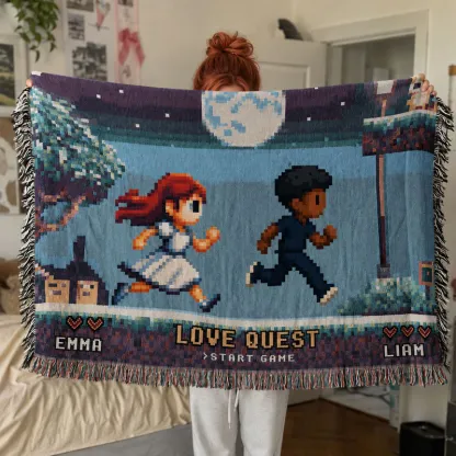 Personalized Love Quest Woven Blanket – Custom Pixel Couple Adventure Throw