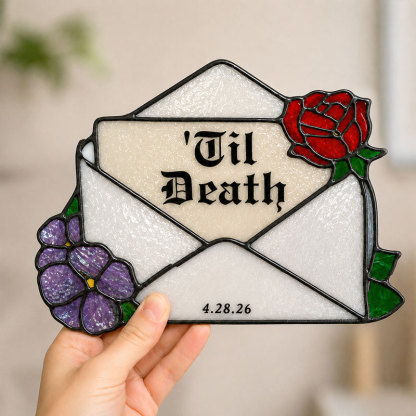 Personalized Til Death Stained Glass Envelope Plaque – Custom Text & Date Gothic Love Decor