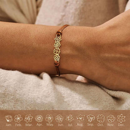 Personalized Minimalist Adjustable 1-8 Birth Flower Leather Bracelet