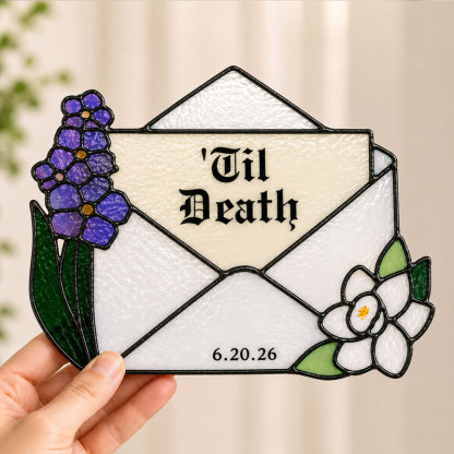 Personalized Til Death Stained Glass Envelope Plaque – Custom Text & Date Gothic Love Decor