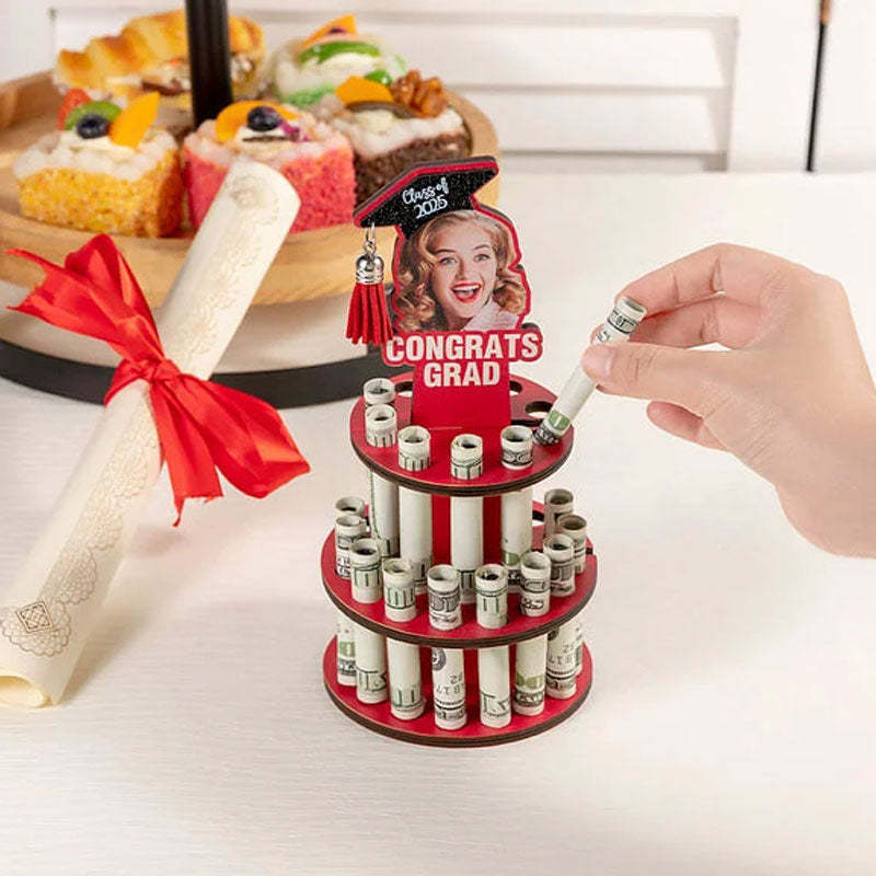 Personalized Graduation Cap Photo Wooden Cake Money Holder with Text