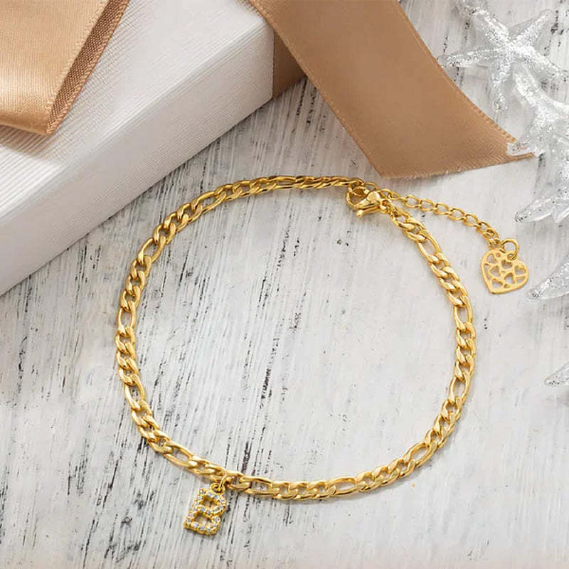 Personalized Adjustable Figaro Anklet with 1-8 Silver Letter Heart Charm Crystal Initials Jewelry Birthday Anniversary Gift for Women