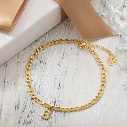 Personalized Adjustable Figaro Anklet with 1-8 Silver Letter Heart Charm Crystal Initials Jewelry Birthday Anniversary Gift for Women