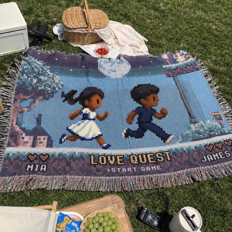 Personalized Love Quest Woven Blanket – Custom Pixel Couple Adventure Throw