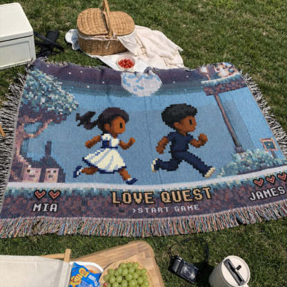 Personalized Love Quest Woven Blanket – Custom Pixel Couple Adventure Throw
