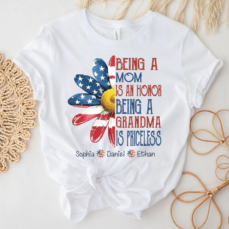 Personalized Grandma T-Shirt, Being a Mom Is an Honor Grandma Is Priceless Patriotic Flower Tee