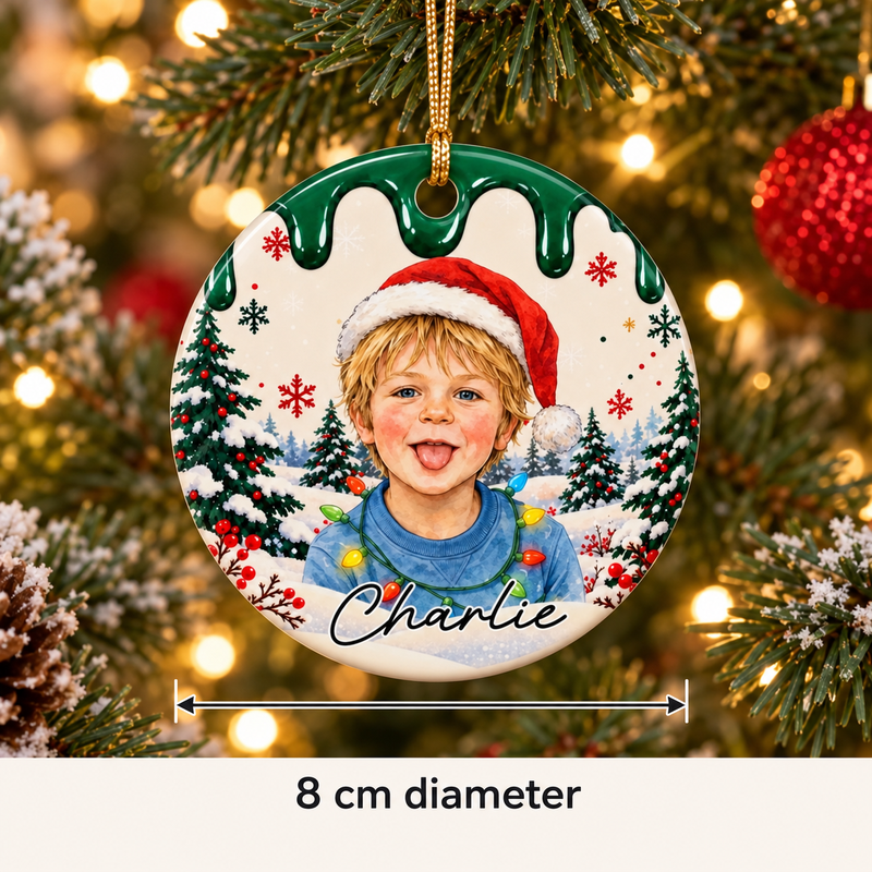 Green personalised Christmas ceramic ornament showing the 8 cm diameter.