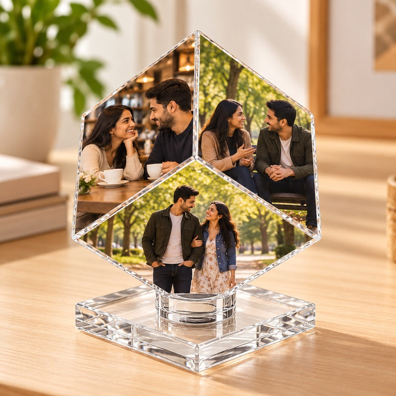Three-photo acrylic keepsake on a tabletop