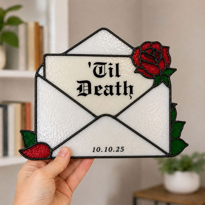 Personalized Til Death Stained Glass Envelope Plaque – Custom Text & Date Gothic Love Decor
