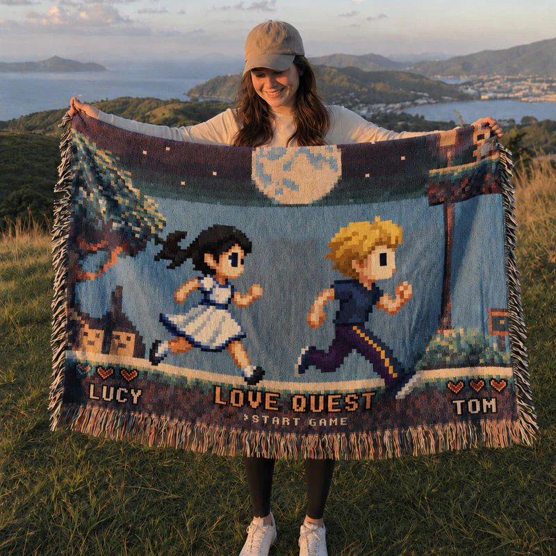 Personalized Love Quest Woven Blanket – Custom Pixel Couple Adventure Throw