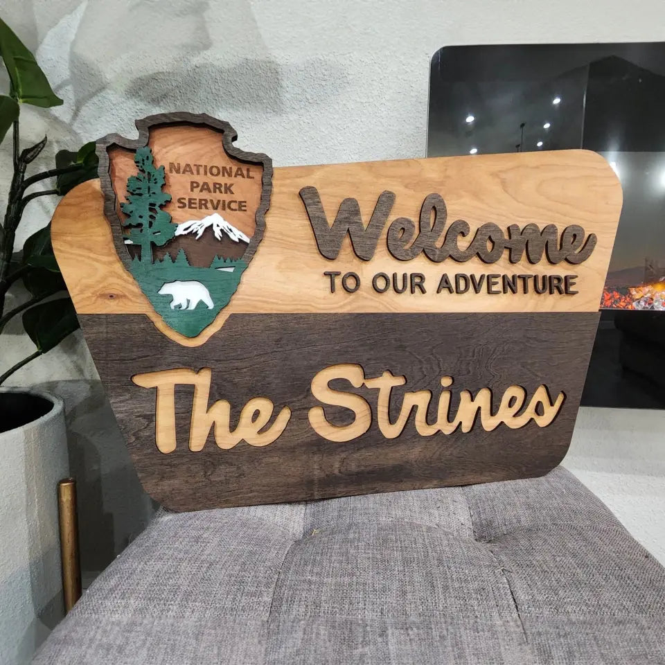 National Park Service Welcome Sign- NPS inspired family name sign, custom layered laser cut & engraved