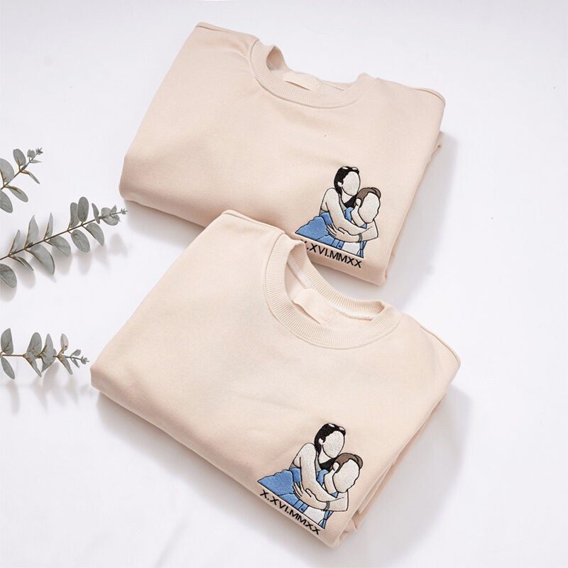 Personalized Custom Embroidered Portrait Sweatshirt Couple Family Gift For Boyfriend