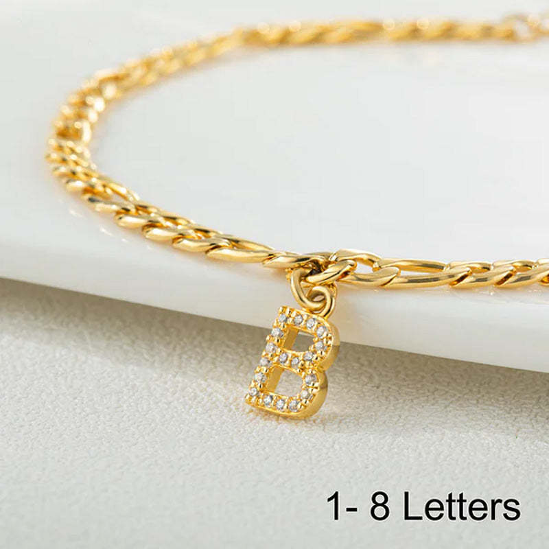 Personalized Adjustable Figaro Anklet with 1-8 Silver Letter Heart Charm Crystal Initials Jewelry Birthday Anniversary Gift for Women