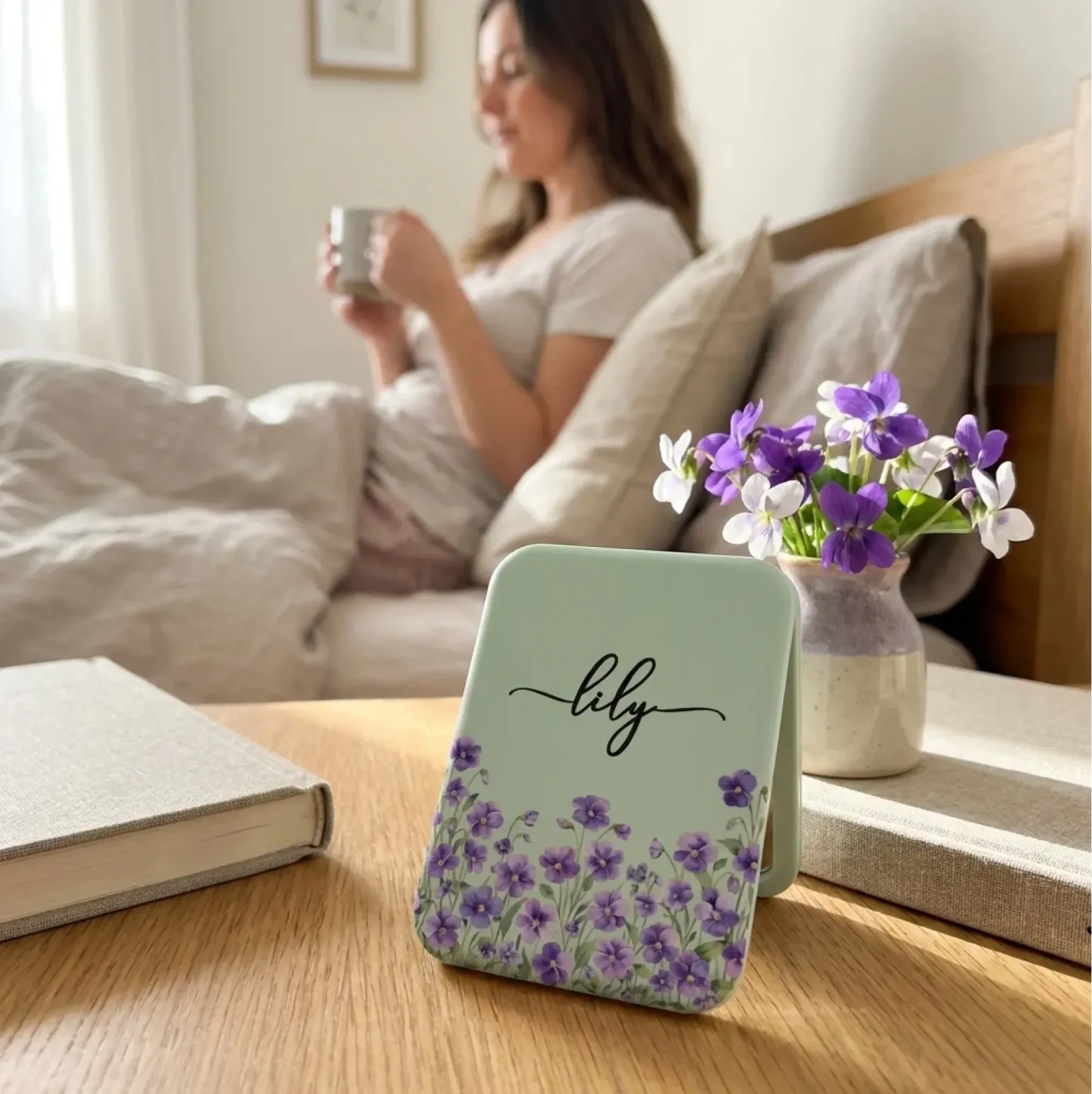 Personalized Floral LED Compact Makeup Mirror with Name – A Thoughtful Gift for Her