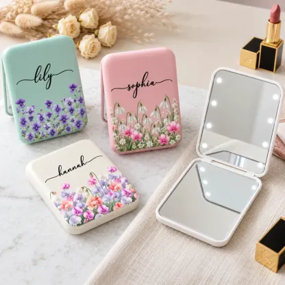 Personalized Floral LED Compact Makeup Mirror with Name – A Thoughtful Gift for Her
