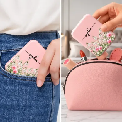 Personalized Floral LED Compact Makeup Mirror with Name – A Thoughtful Gift for Her