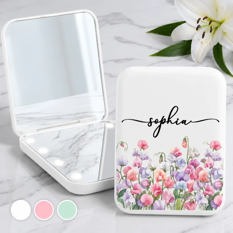 Personalized Floral LED Compact Makeup Mirror with Name – A Thoughtful Gift for Her