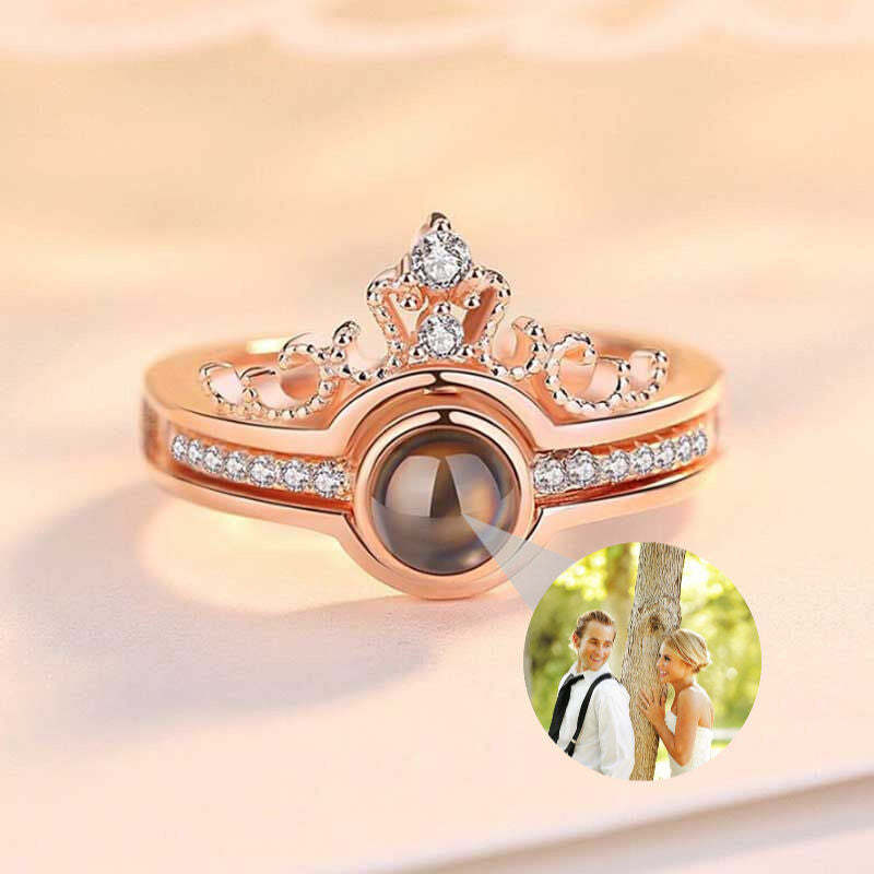 Personalized Photo Projection Two In One Heart Ring With Crown
