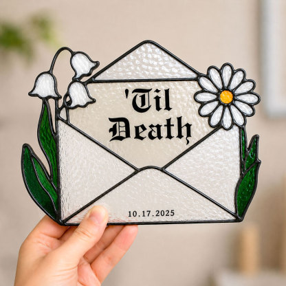 Personalized Til Death Stained Glass Envelope Plaque – Custom Text & Date Gothic Love Decor