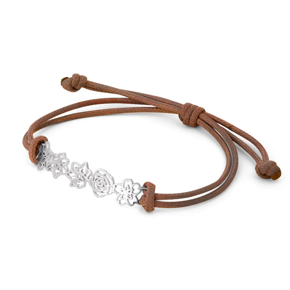 Personalized Minimalist Adjustable 1-8 Birth Flower Leather Bracelet