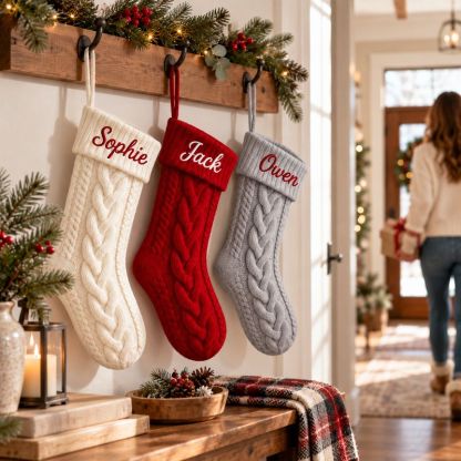 Personalized Christmas Xmas Embroidered Family Name Stockings, Knit Family Christmas Stockings, Holiday Stockings Gifts