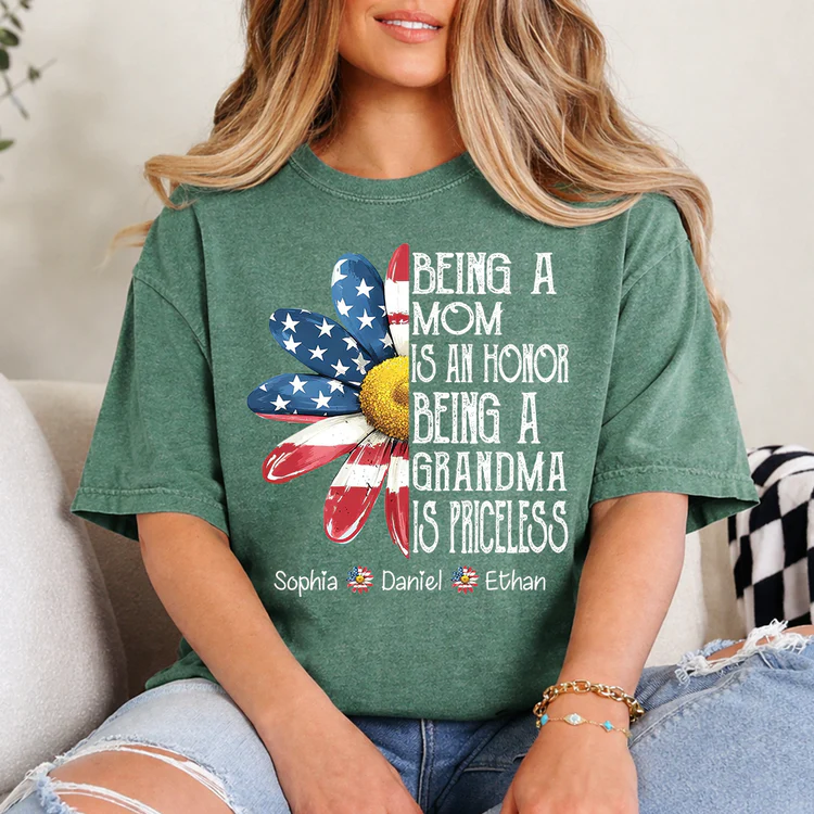 Personalized Grandma T-Shirt, Being a Mom Is an Honor Grandma Is Priceless Patriotic Flower Tee