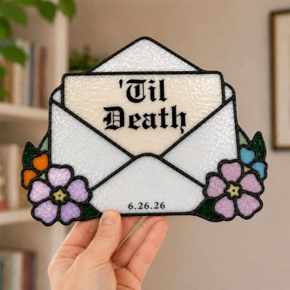 Personalized Til Death Stained Glass Envelope Plaque – Custom Text & Date Gothic Love Decor