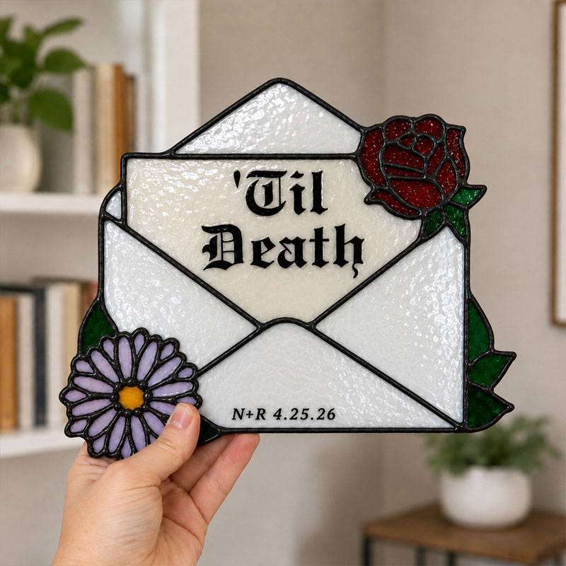 Personalized Til Death Stained Glass Envelope Plaque – Custom Text & Date Gothic Love Decor